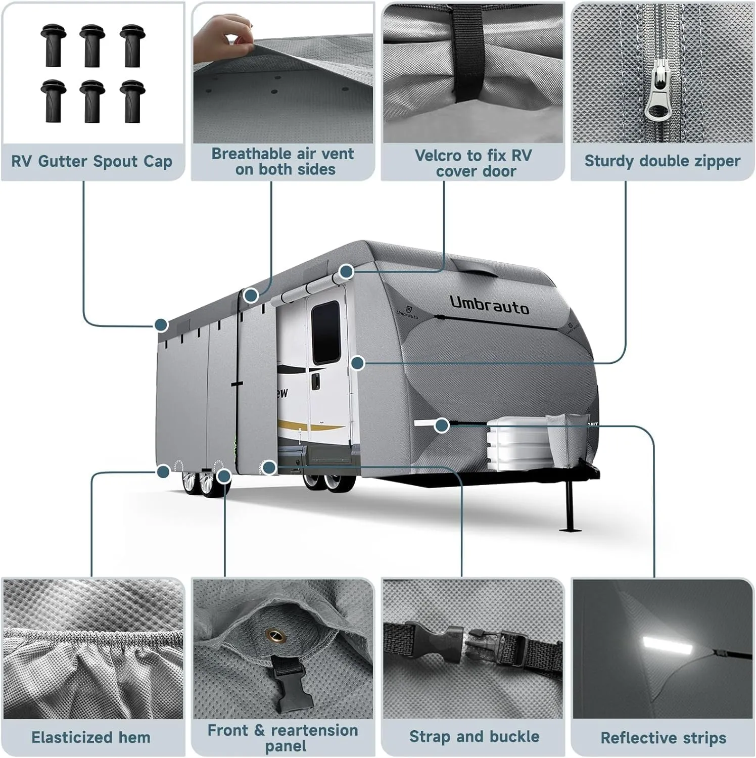 8-20ft 7 Layers Waterproof Travel Trailer Cover with Tongue Jack Cover and Windproof Ropes