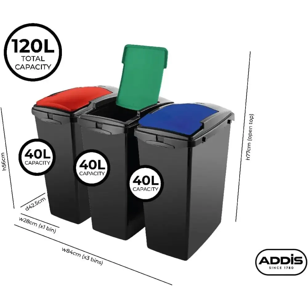 Addis 3 Piece Recycling Utility Bin Set Red/Green/Blue 3x40L