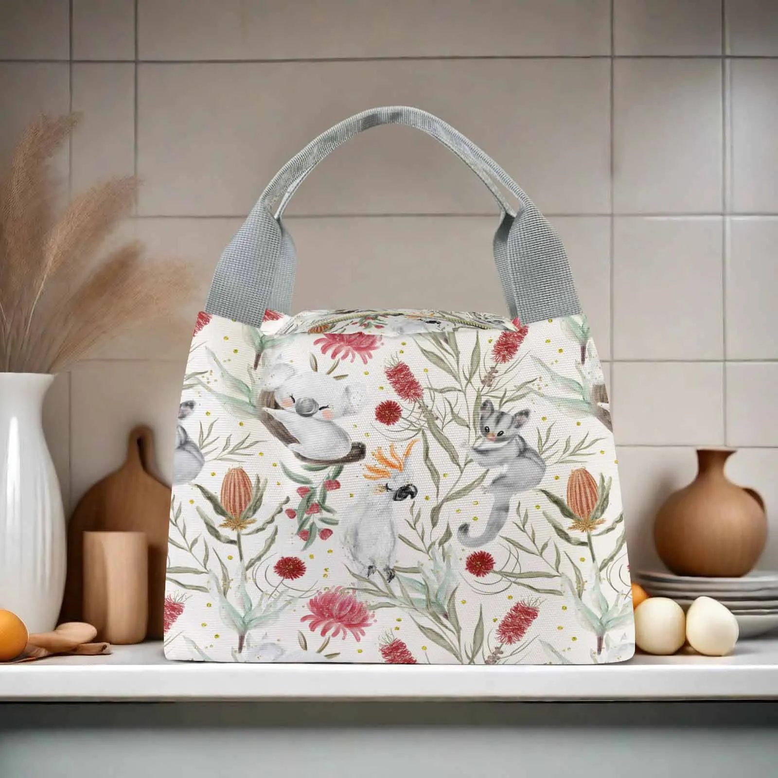 Australian Animals, Koala Cockatoo and Sugar Glider  Portable Lunch Bag-Grey Handle