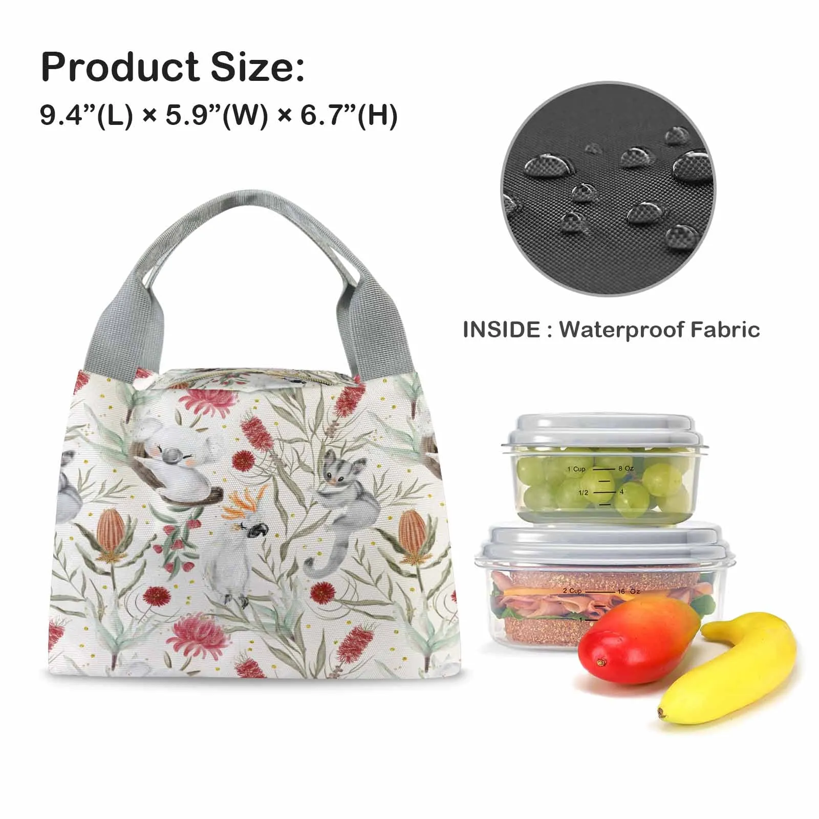 Australian Animals, Koala Cockatoo and Sugar Glider  Portable Lunch Bag-Grey Handle