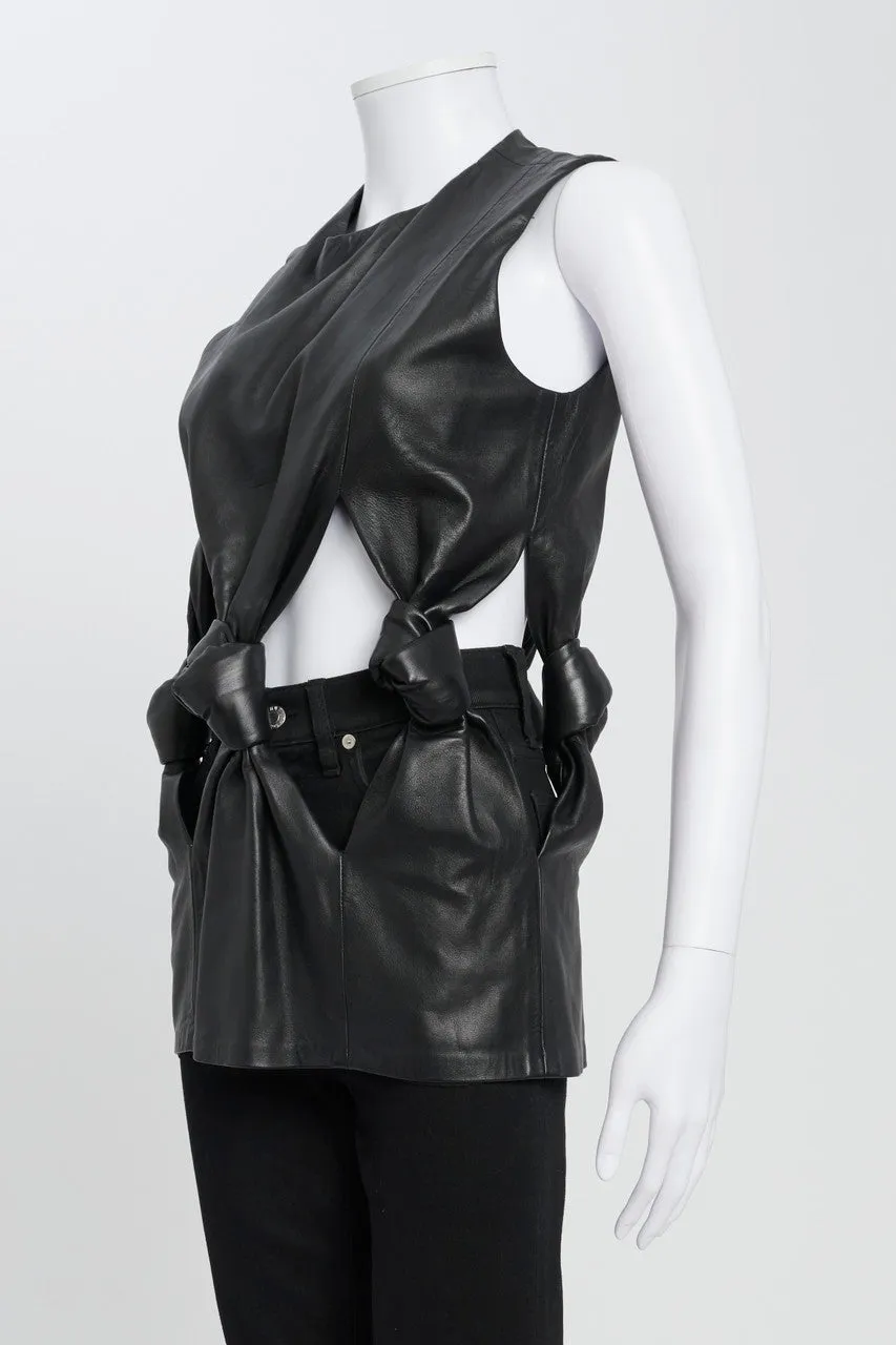 Black Leather Knotted Cut Out Top