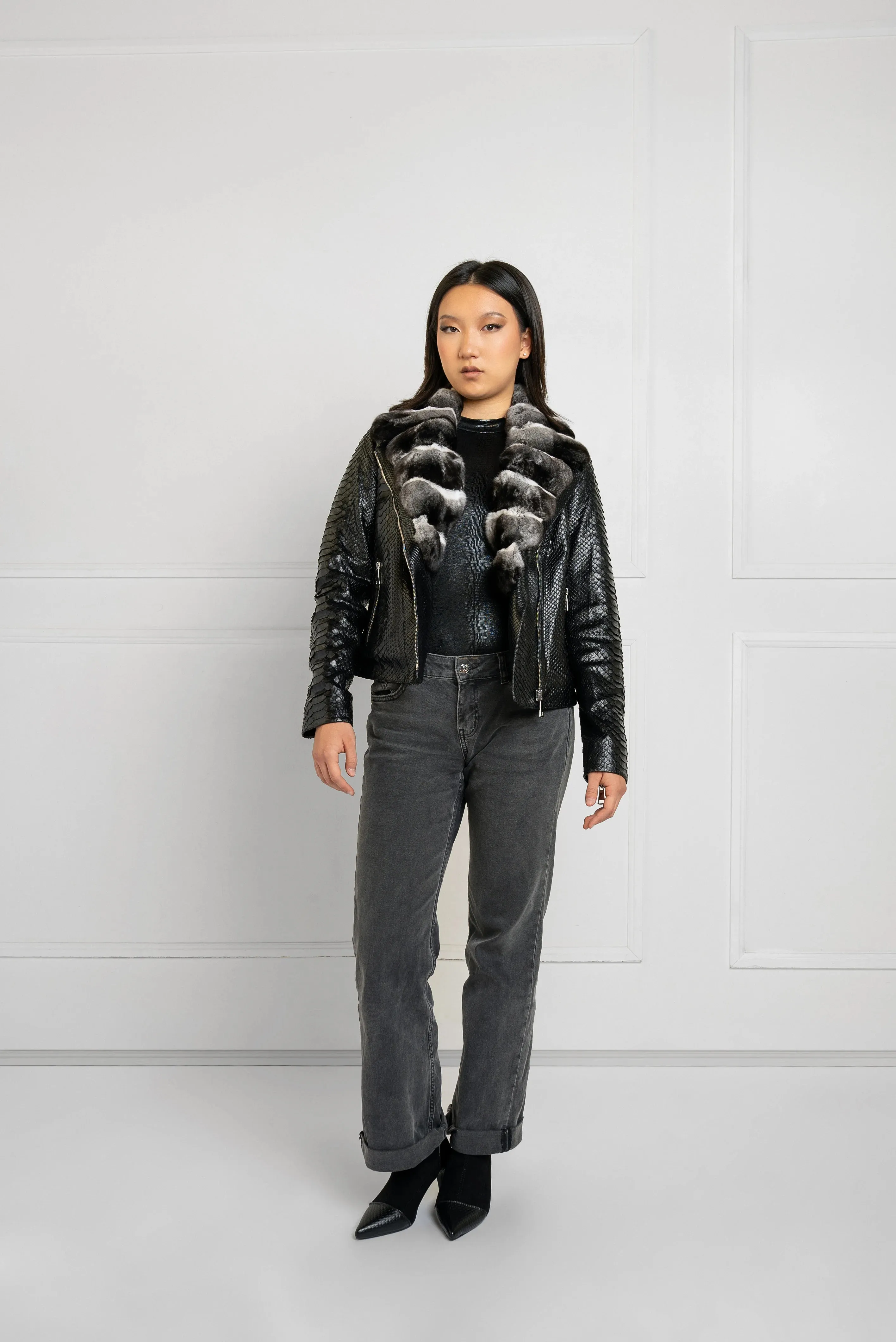 Black python  Leather Jacket with Chinchilla Fur Collar