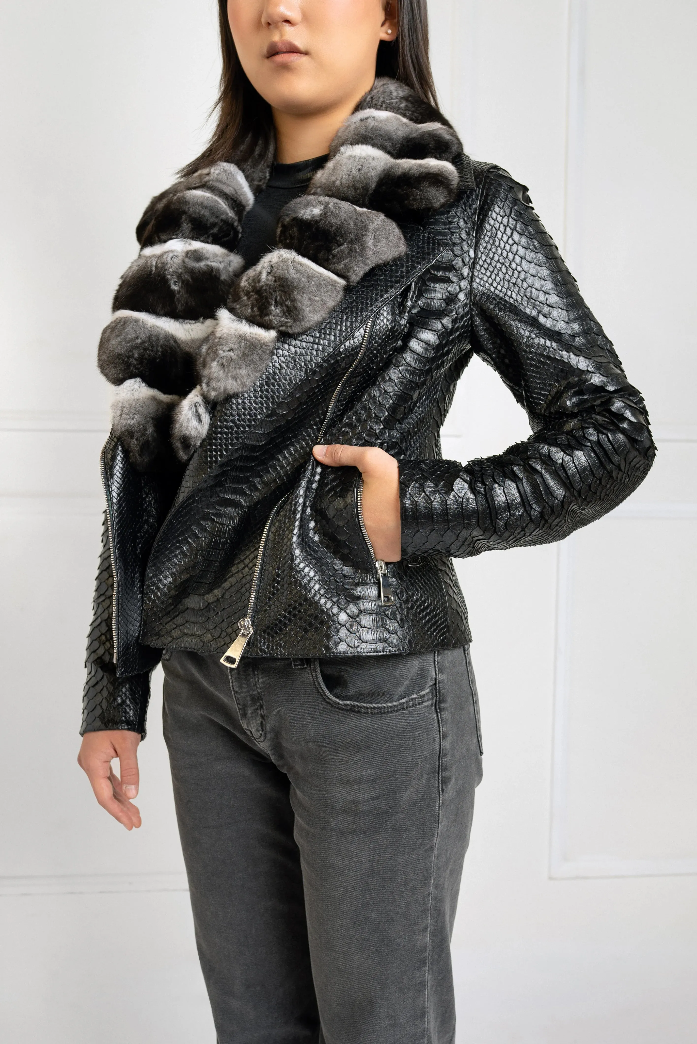 Black python  Leather Jacket with Chinchilla Fur Collar