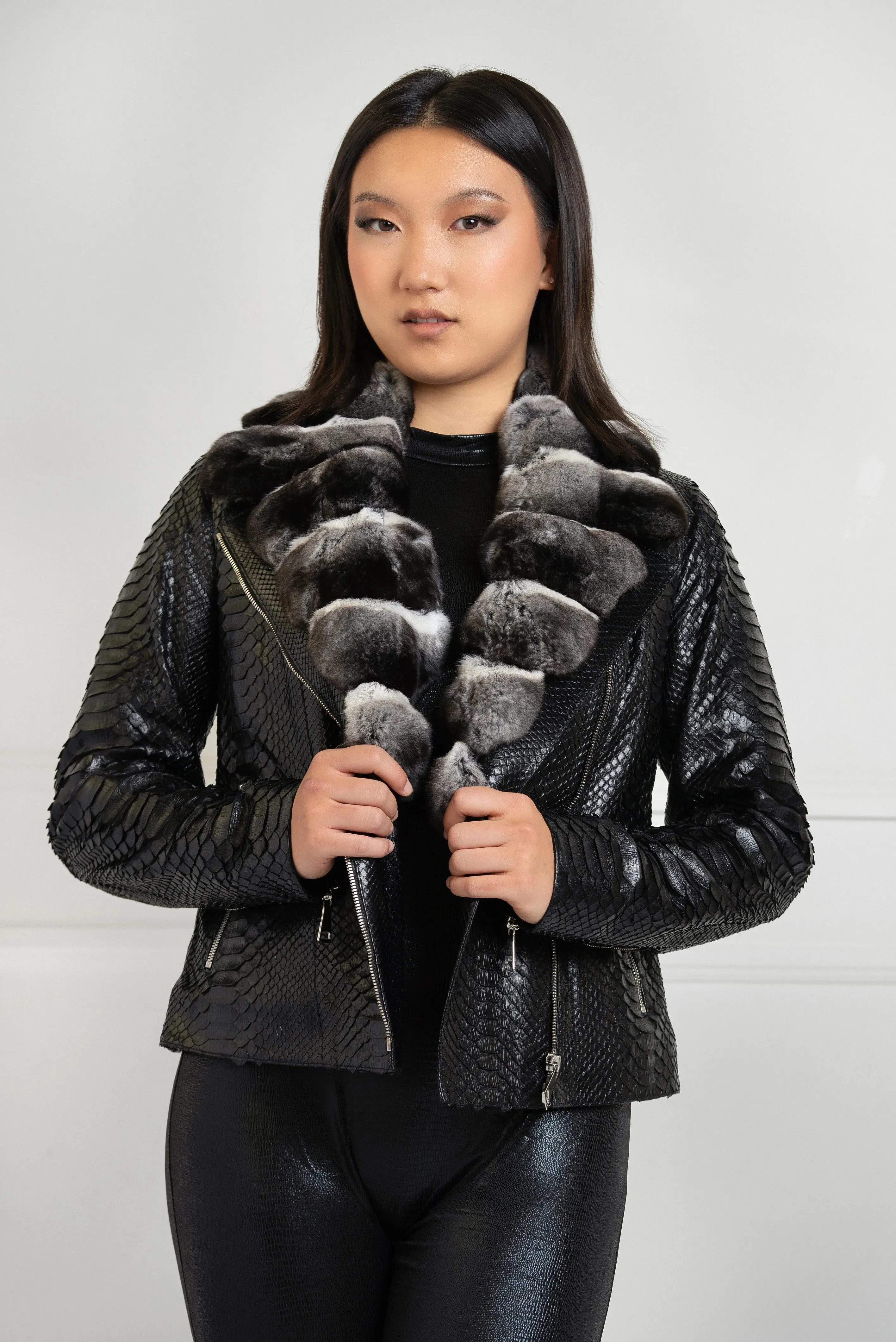 Black python  Leather Jacket with Chinchilla Fur Collar