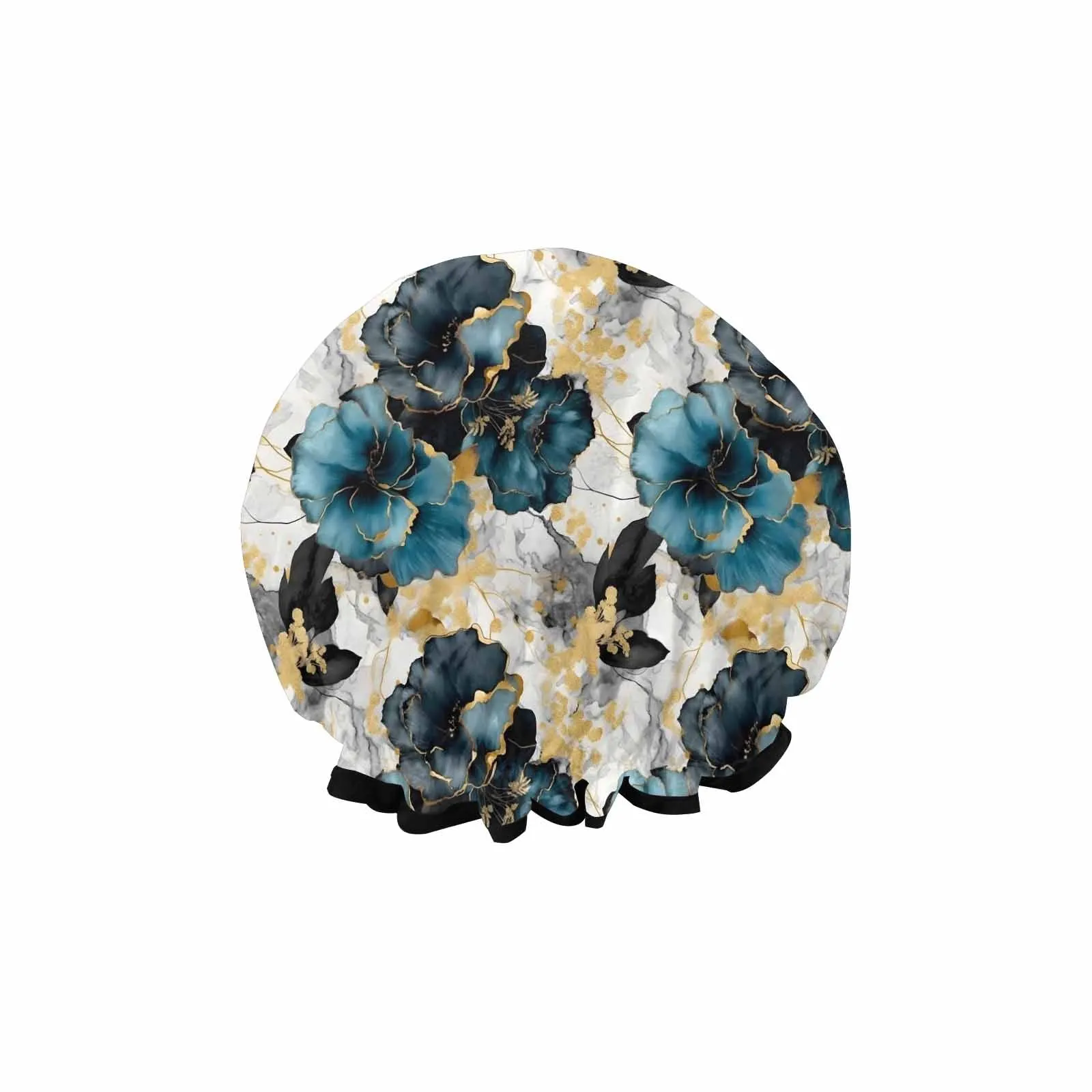 Blue & Gold Ink Floral  Shower Cap