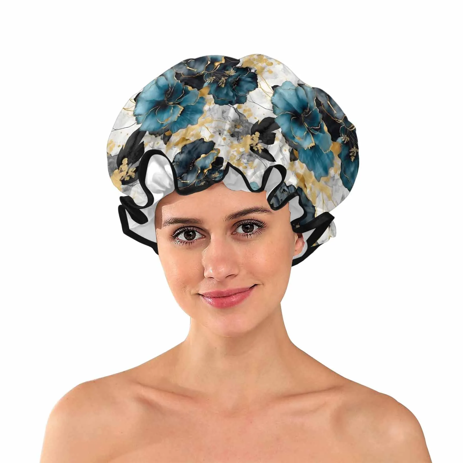 Blue & Gold Ink Floral  Shower Cap