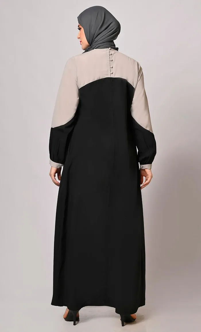 Contemporary Classics: Black Abaya  with Grey Yoke and Pockets - Final Sale