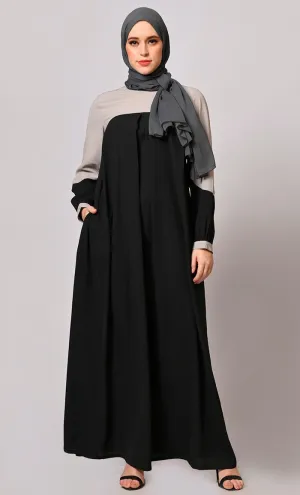 Contemporary Classics: Black Abaya  with Grey Yoke and Pockets - Final Sale