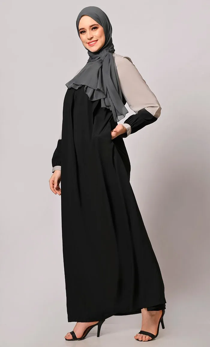 Contemporary Classics: Black Abaya  with Grey Yoke and Pockets - Final Sale