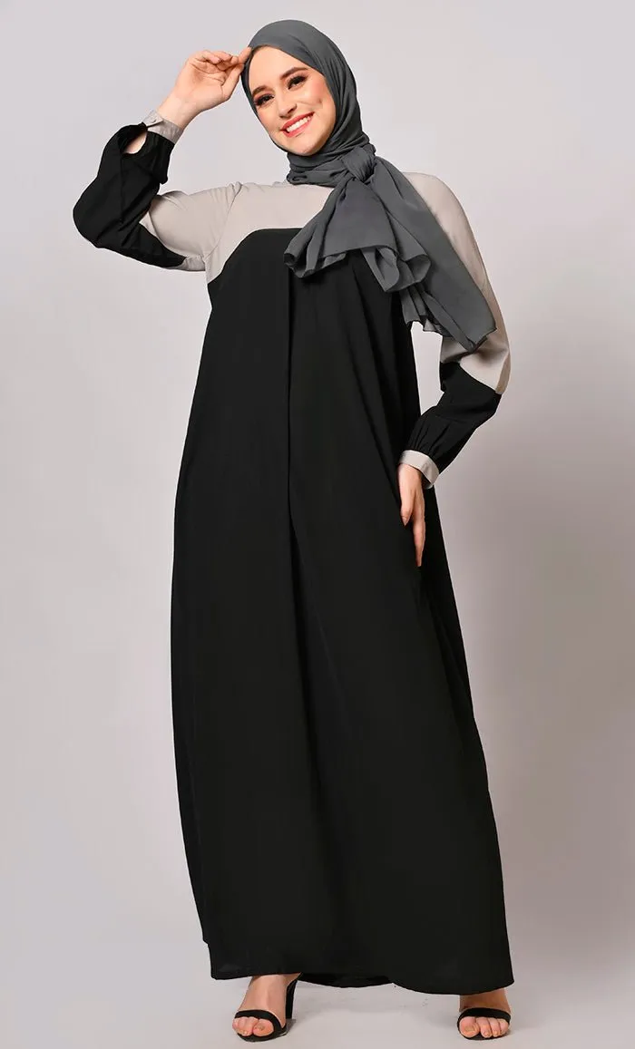 Contemporary Classics: Black Abaya  with Grey Yoke and Pockets