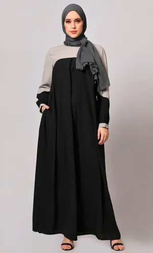 Contemporary Classics: Black Abaya  with Grey Yoke and Pockets