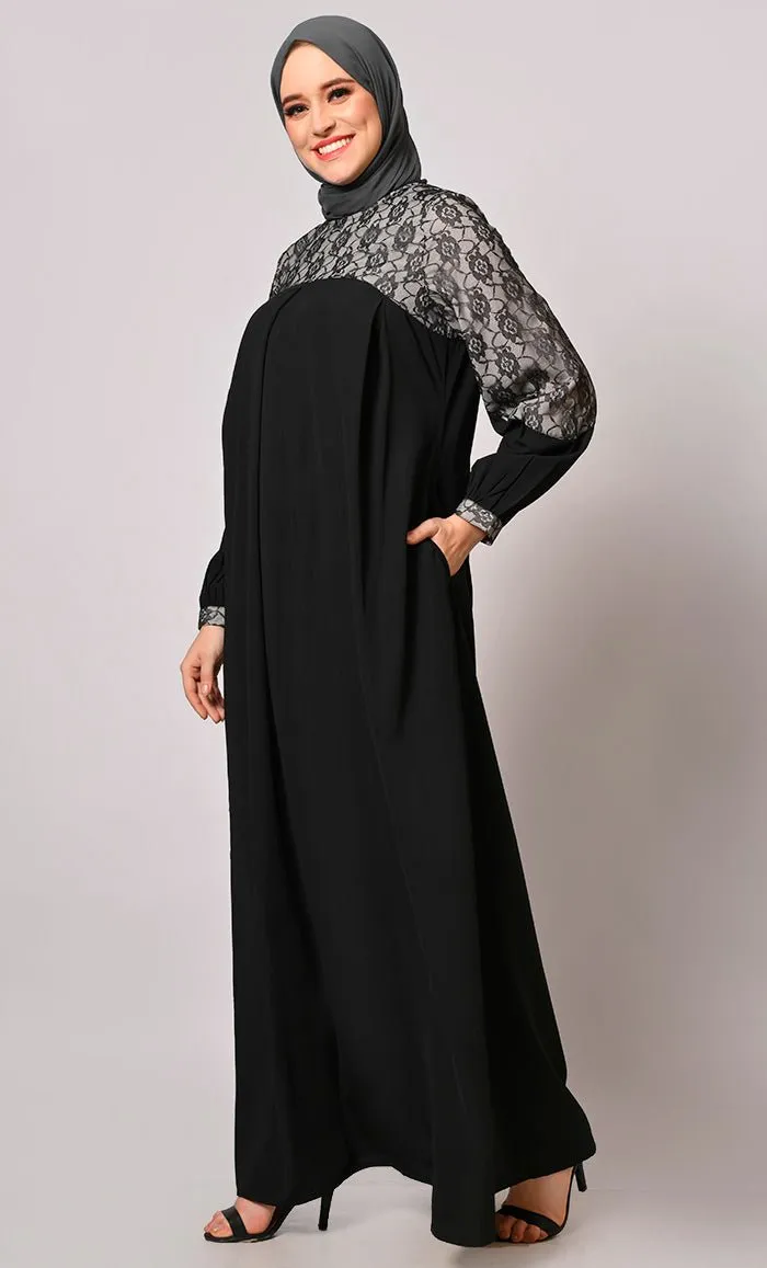 Contemporary Classics: Black Abaya with Net Yoke and Pockets