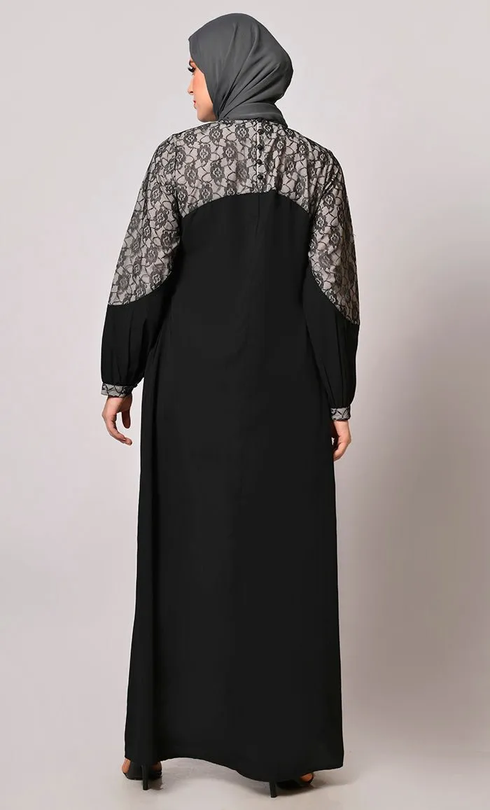 Contemporary Classics: Black Abaya with Net Yoke and Pockets