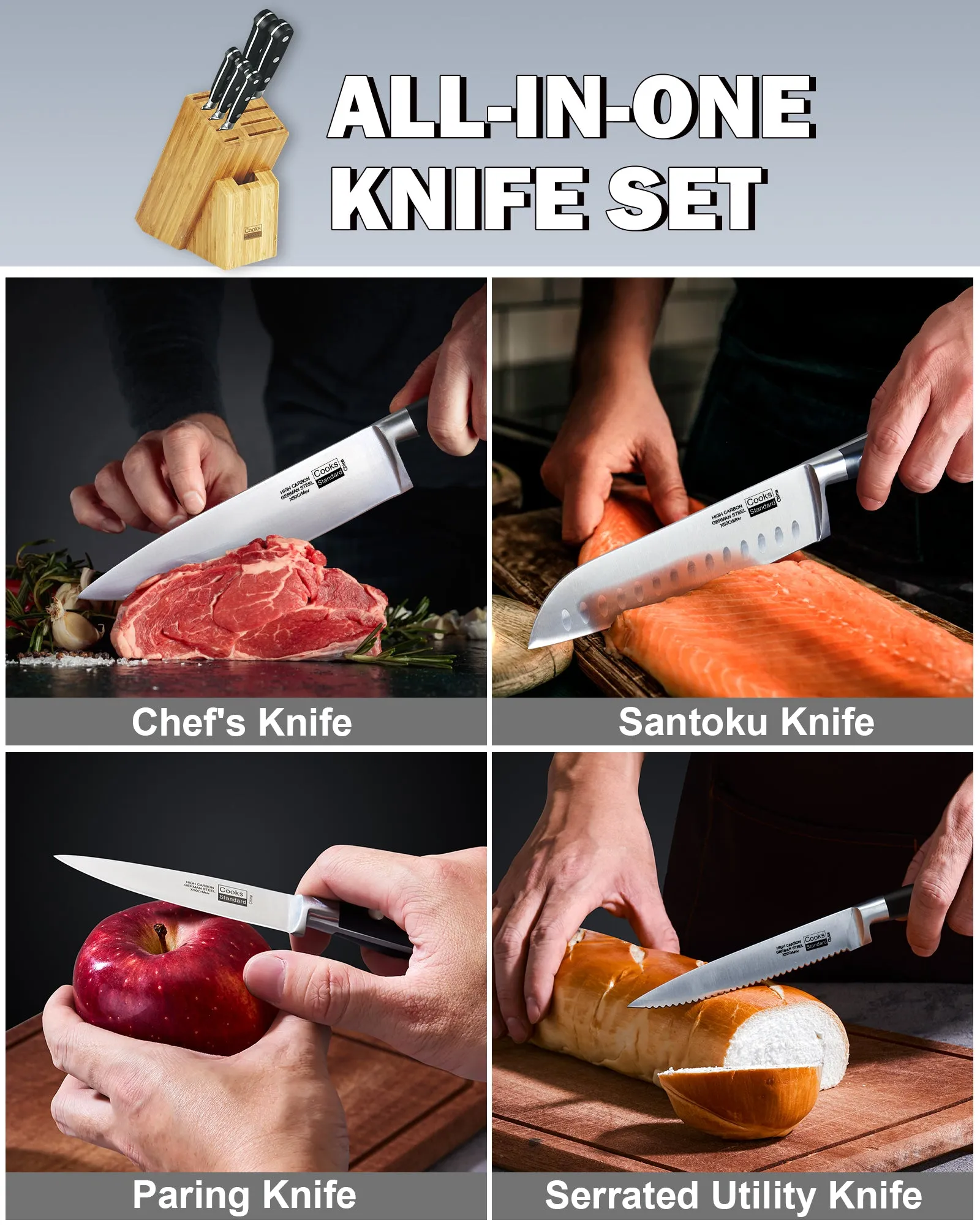 Cooks Standard 6-Piece Stainless Steel Knife Set with Expandable Bamboo Block for Extra Slots