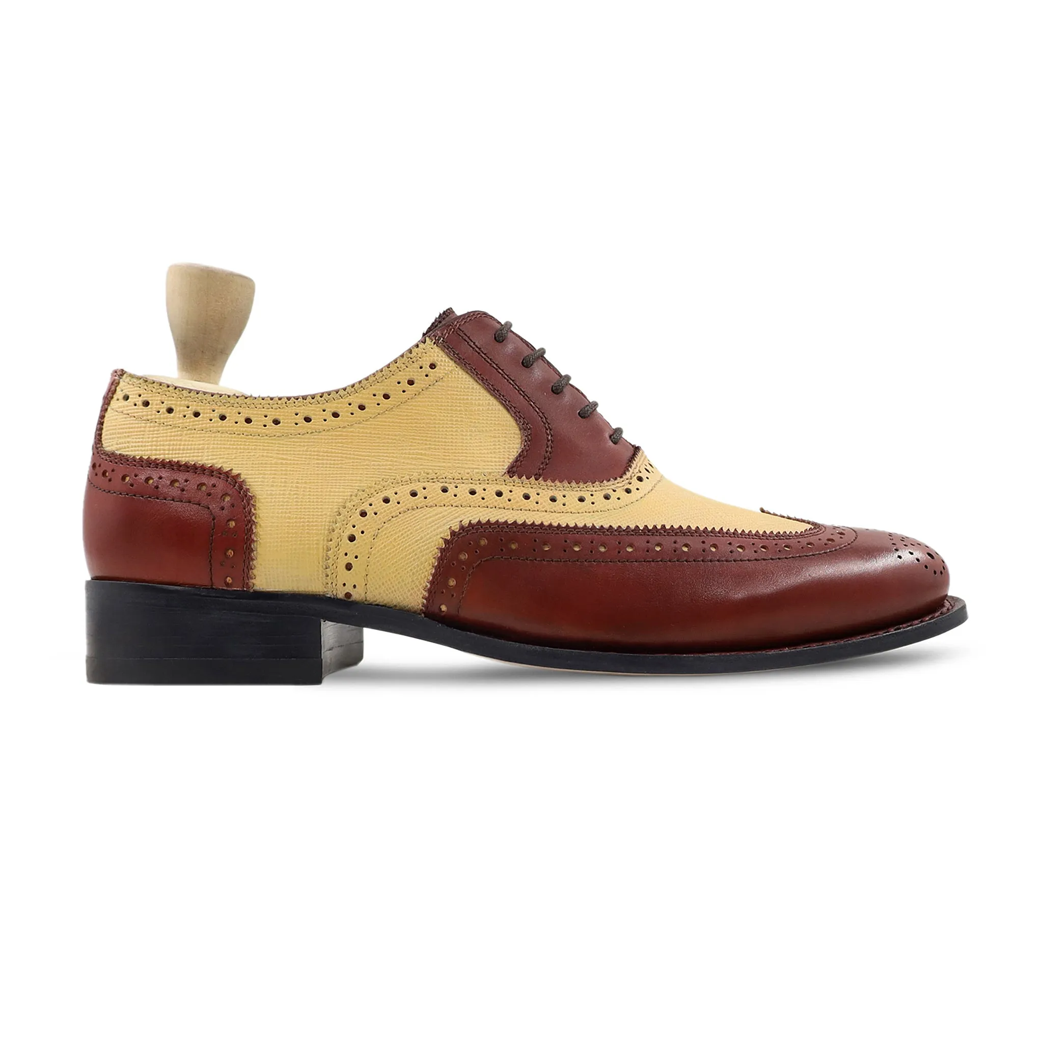 Flipo - Men's Reddish Brown Calf and Tan Camel Textured Leather Oxford Shoe