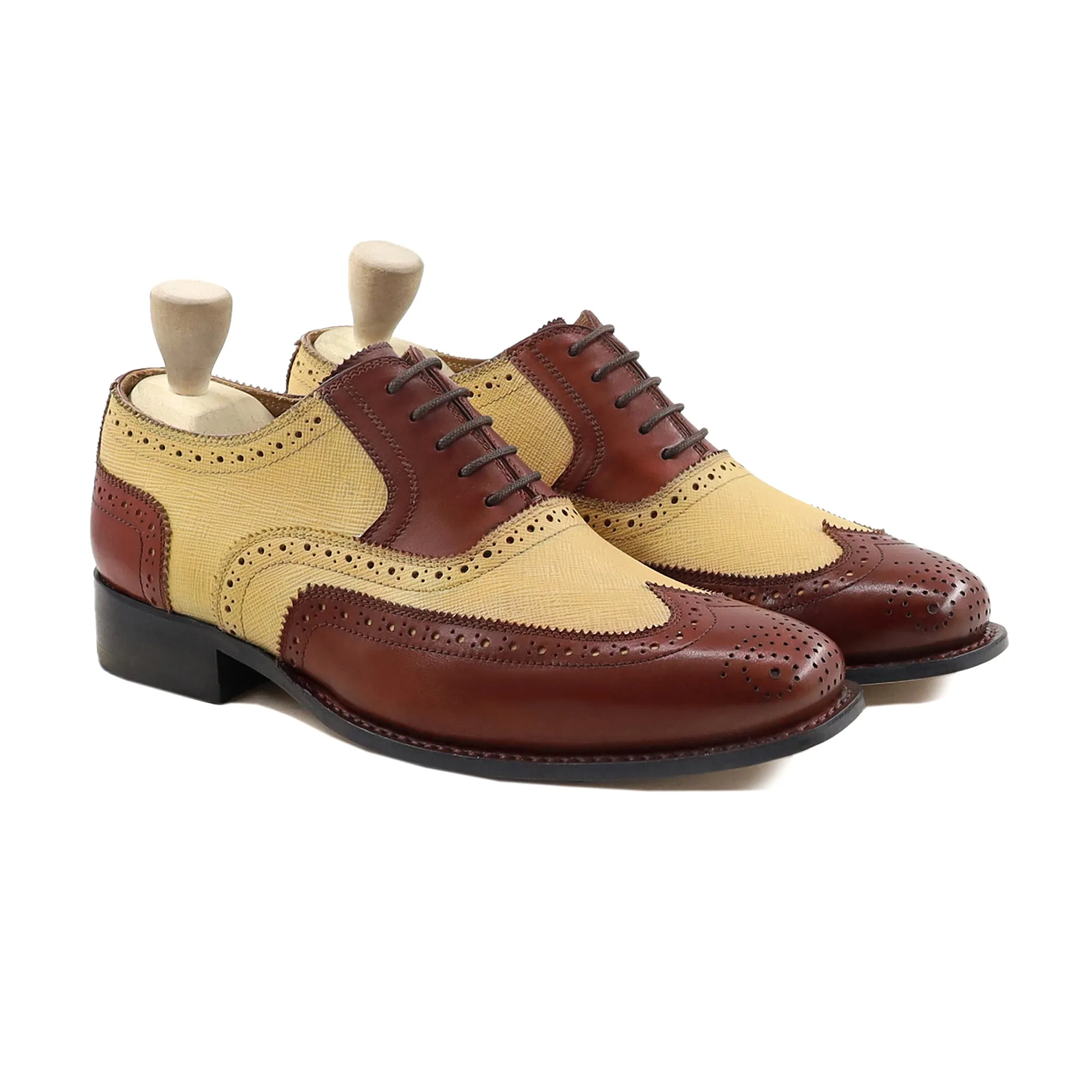 Flipo - Men's Reddish Brown Calf and Tan Camel Textured Leather Oxford Shoe