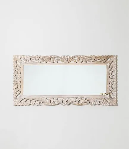 GLOBAL WOOD Wooden Hand Carved Decorative Wall Mirror Frame in Solid Mango Wood without Mirror (Size 5 * 3 FT) (White) (White Distress)