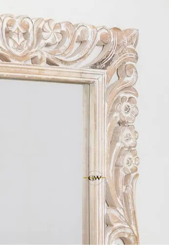 GLOBAL WOOD Wooden Hand Carved Decorative Wall Mirror Frame in Solid Mango Wood without Mirror (Size 5 * 3 FT) (White) (White Distress)