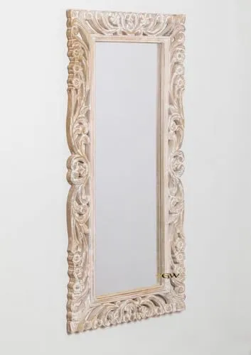 GLOBAL WOOD Wooden Hand Carved Decorative Wall Mirror Frame in Solid Mango Wood without Mirror (Size 5 * 3 FT) (White) (White Distress)