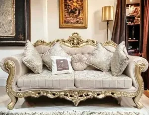 Handmade Royal Antique Golden Finish Carved Sofa (3 Seater)