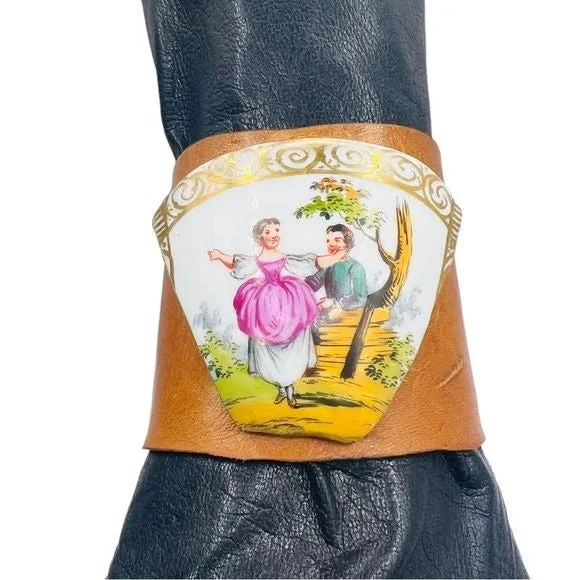 Helena Wolfsohn Broken China Artisan Leather Cuff Bracelet from an Antique 1850 Dresden Meissen Teacup