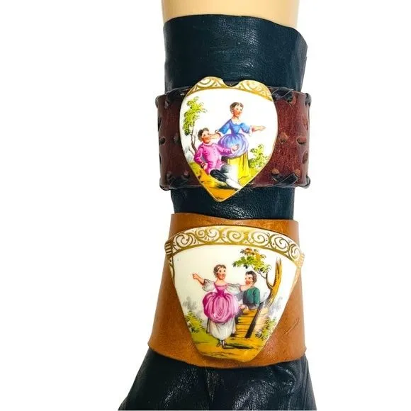 Helena Wolfsohn Broken China Artisan Leather Cuff Bracelet from an Antique 1850 Dresden Meissen Teacup