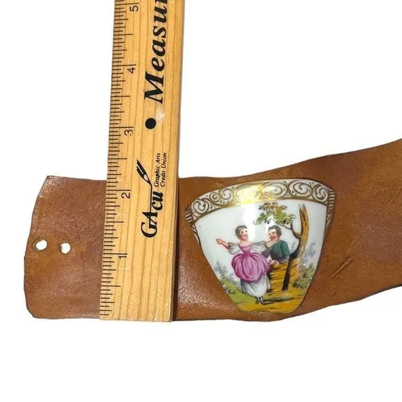 Helena Wolfsohn Broken China Artisan Leather Cuff Bracelet from an Antique 1850 Dresden Meissen Teacup