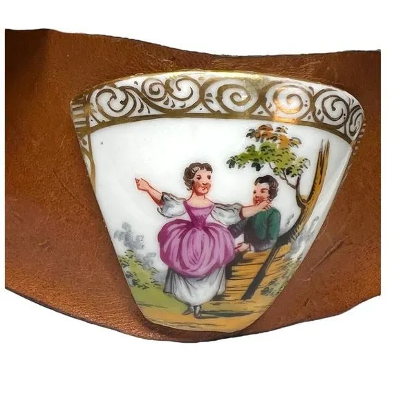 Helena Wolfsohn Broken China Artisan Leather Cuff Bracelet from an Antique 1850 Dresden Meissen Teacup