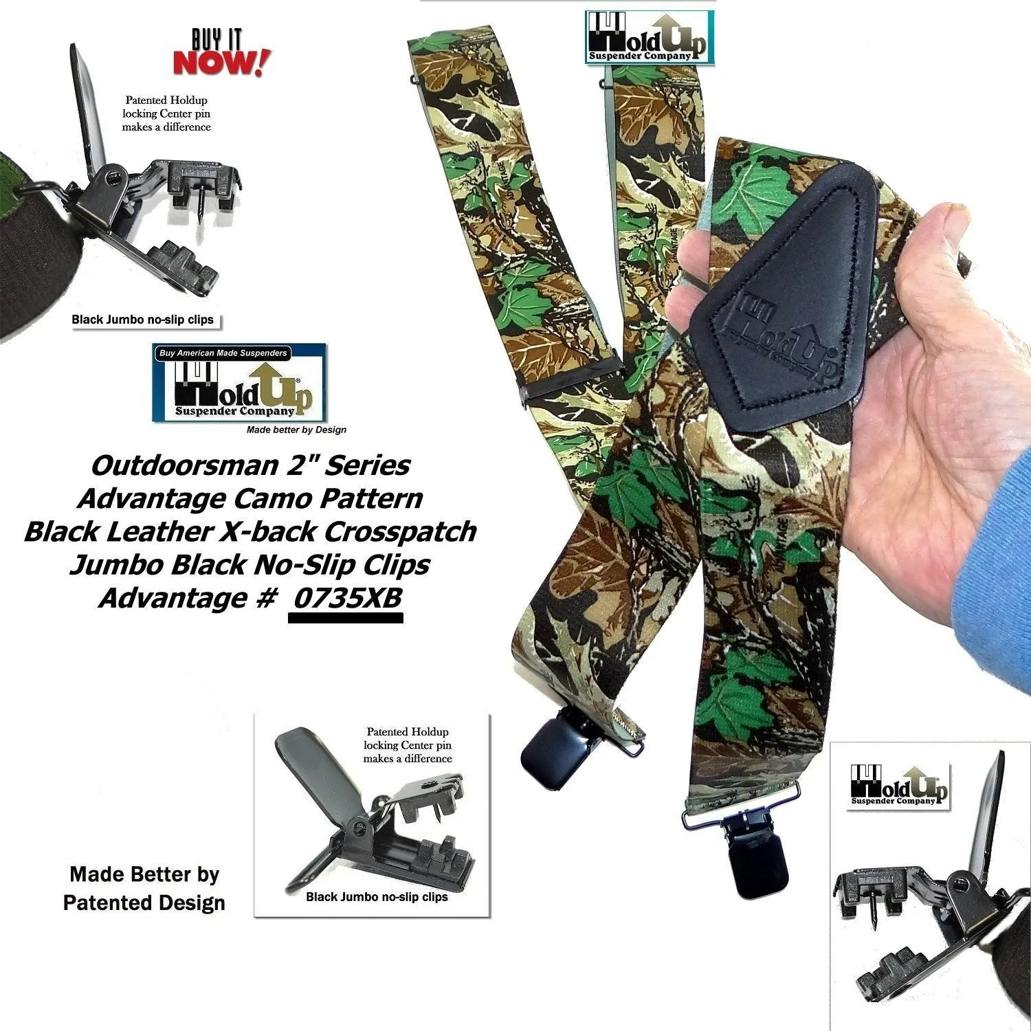 Holdup Advantage Pattern Camouflage Hunting Suspenders with 2" wide Straps and Black Patented No-slip Jumbo Clips