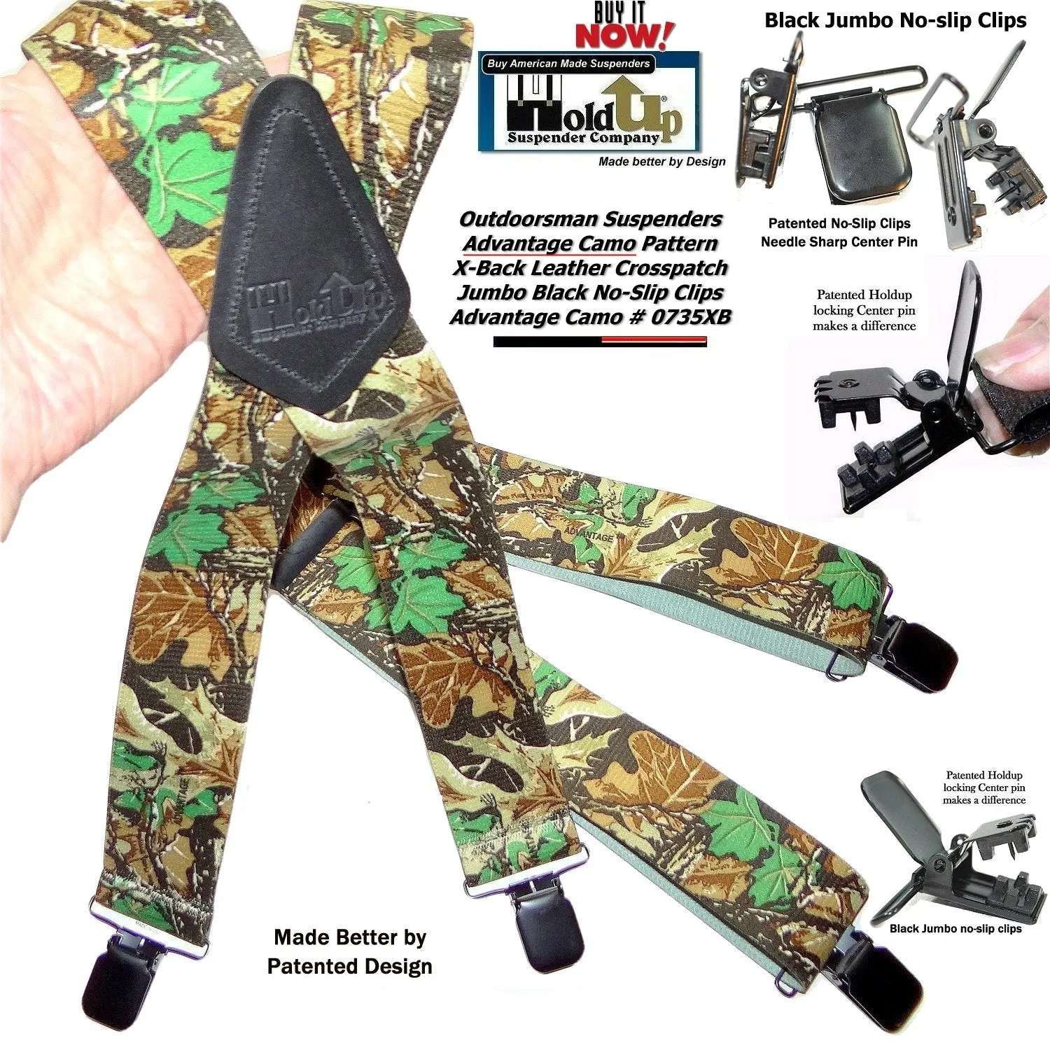 Holdup Advantage Pattern Camouflage Hunting Suspenders with 2" wide Straps and Black Patented No-slip Jumbo Clips