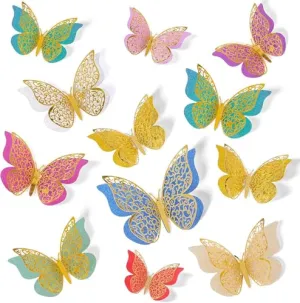 JAAMSO ROYALS 3D Butterfly- Double Layered Golden Glitter Paper Butterfly Sticker (16CM x 13CM, 12 PCS)