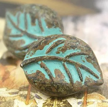 Leaf Button, Copper and Blue-green patina 3/4" shank back  #SWC-52