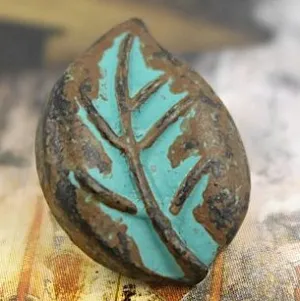 Leaf Button, Copper and Blue-green patina 3/4" shank back  #SWC-52