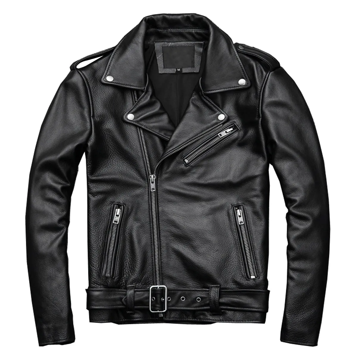 Men's Black Brando Biker Leather Jacket – Genuine Cowhide, Asymmetric Design, Slim Fit