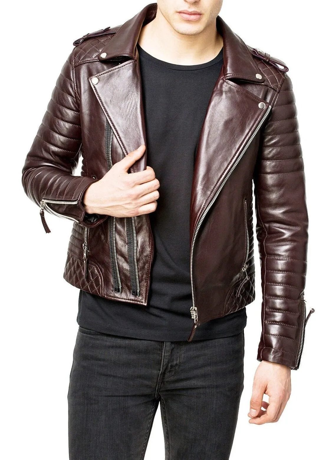 Men's Slim Fit Brown Lambskin Motorcycle Biker Leather Jacket