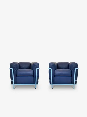 Pair Of iMaestri Le Corbusier 2 Armchair in Blue Leather by Cassina