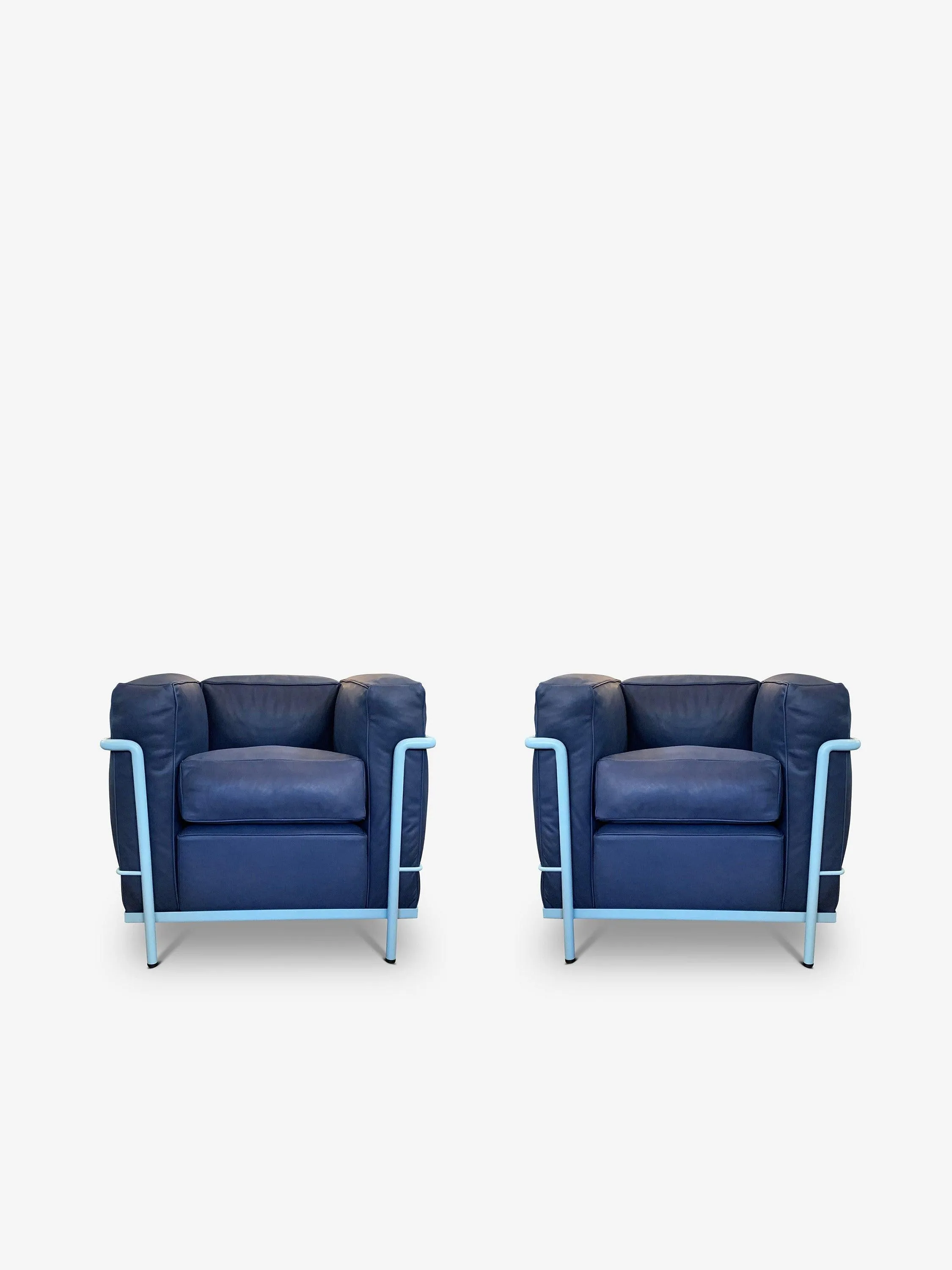 Pair Of iMaestri Le Corbusier 2 Armchair in Blue Leather by Cassina