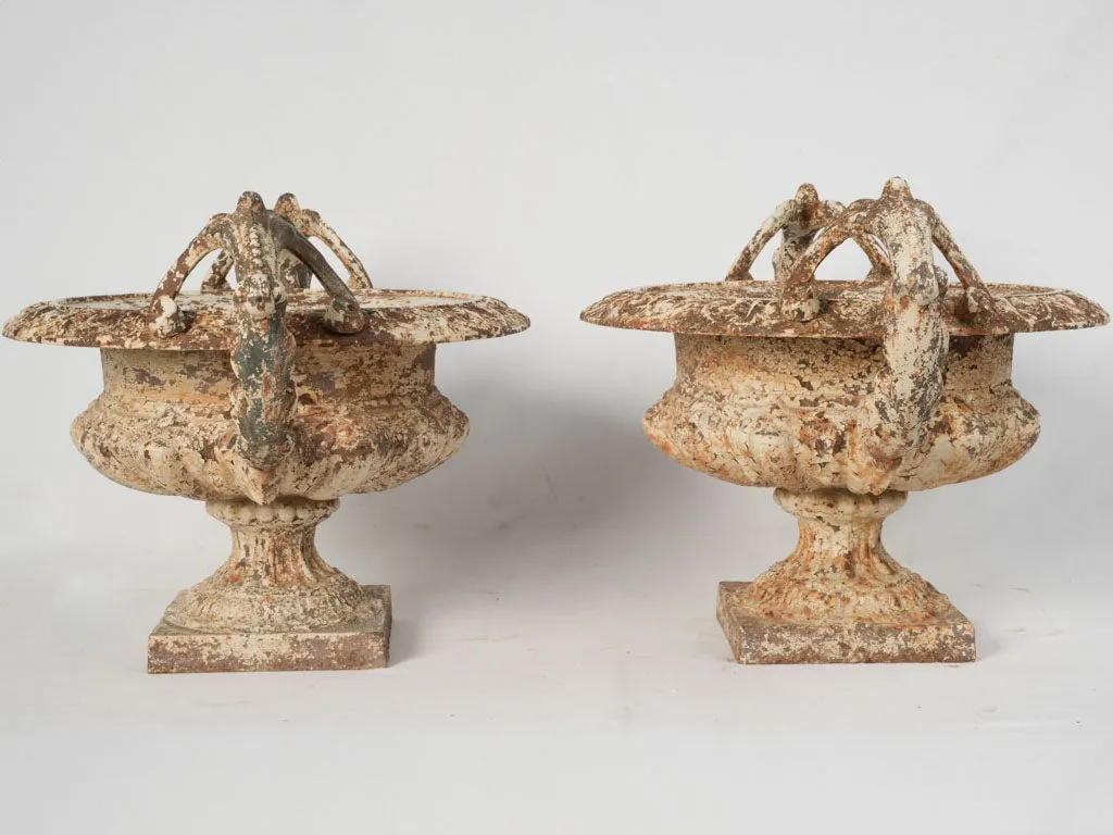 Pair of Late 19th Century Cast Iron Chambord Garden Planters w/ Weathered White Patina 18½"