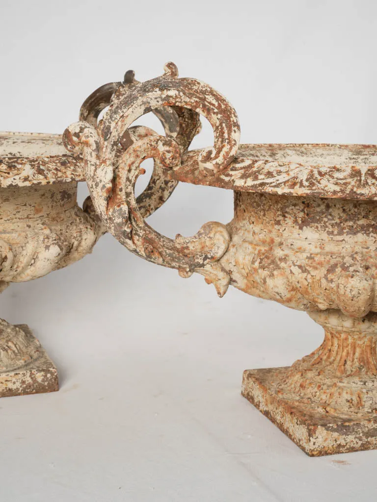 Pair of Late 19th Century Cast Iron Chambord Garden Planters w/ Weathered White Patina 18½"