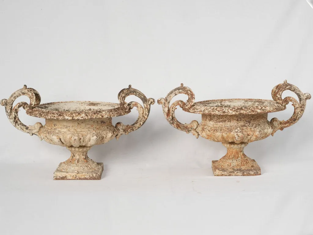 Pair of Late 19th Century Cast Iron Chambord Garden Planters w/ Weathered White Patina 18½"