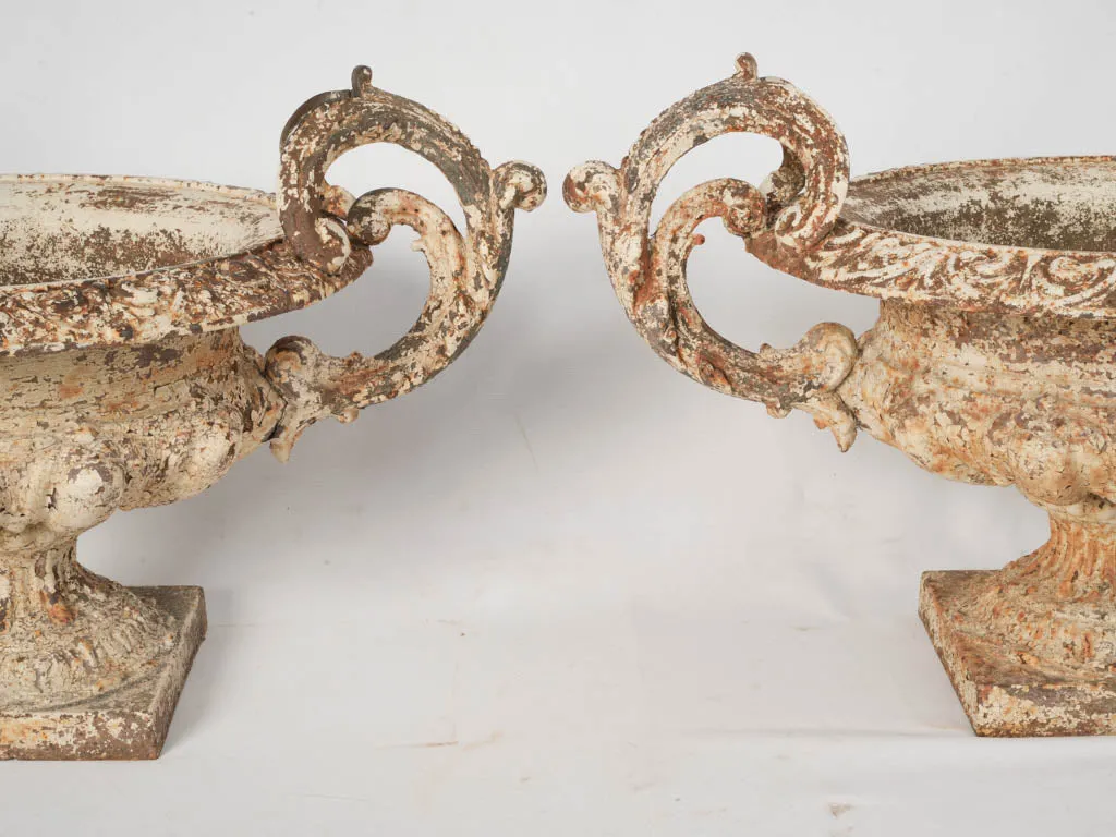 Pair of Late 19th Century Cast Iron Chambord Garden Planters w/ Weathered White Patina 18½"