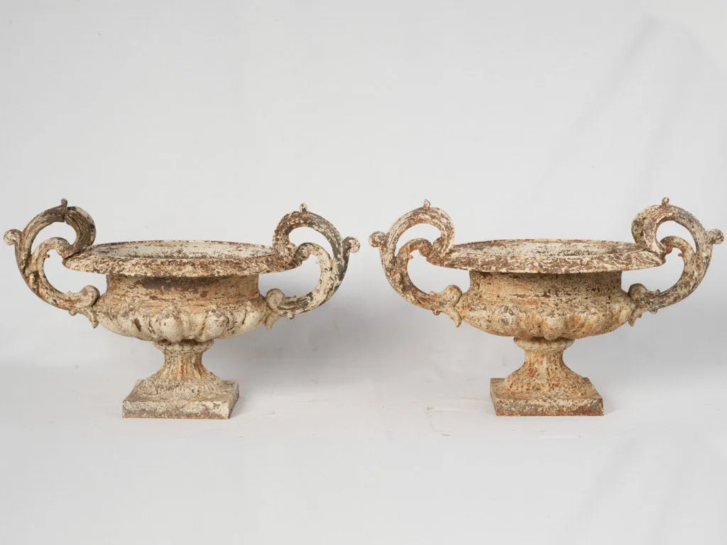 Pair of Late 19th Century Cast Iron Chambord Garden Planters w/ Weathered White Patina 18½"