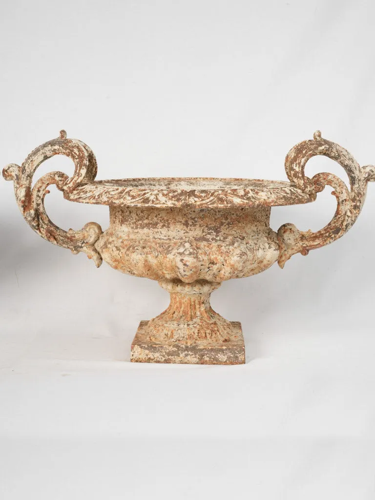 Pair of Late 19th Century Cast Iron Chambord Garden Planters w/ Weathered White Patina 18½"