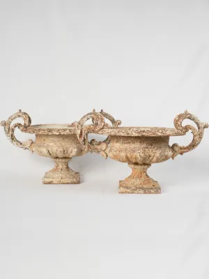 Pair of Late 19th Century Cast Iron Chambord Garden Planters w/ Weathered White Patina 18½"