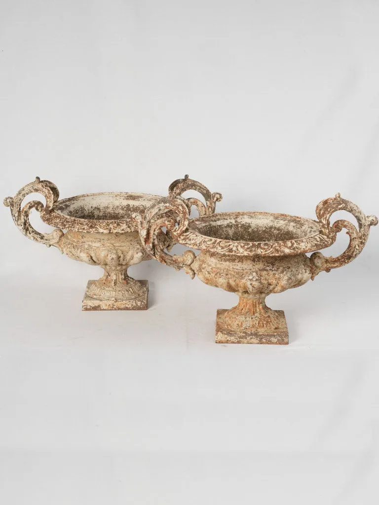 Pair of Late 19th Century Cast Iron Chambord Garden Planters w/ Weathered White Patina 18½"