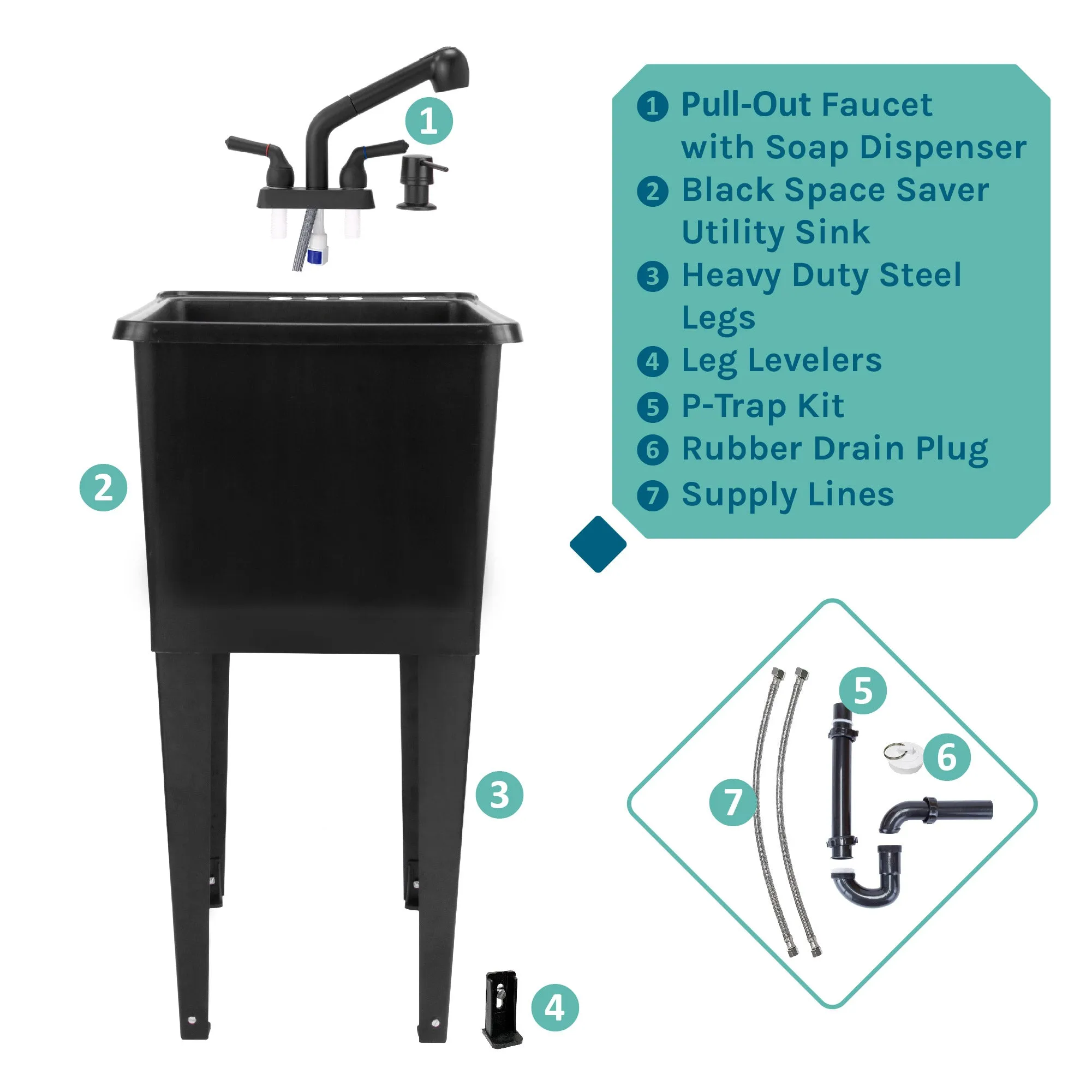 Tehila Space Saver Freestanding Black Utility Sink with Black Finish Pull-Out Faucet