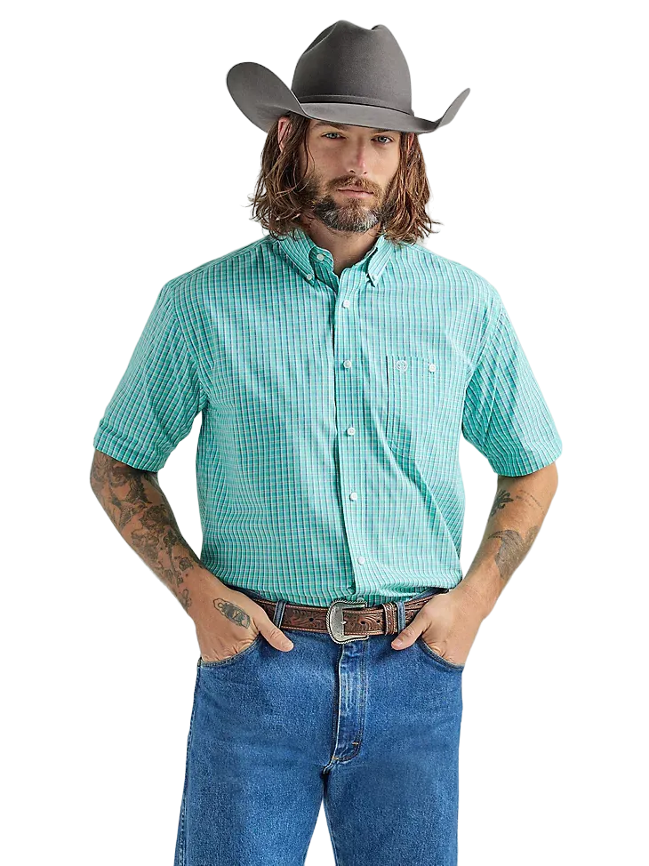 Wrangler Men's George Strait Button Down Plaid Teal Shirt - Big